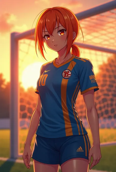 "4K anime style quality, digital drawing mode, a strong and honorable soccer player with shoulder-length orange hair tied back in a low ponytail, intense amber eyes, and a muscular yet feminine build, wearing Blue Lock’s uniform customized with a bold desi...