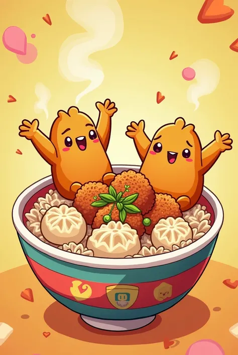 Generate Rice bowl with nuggets and siomai cartoon