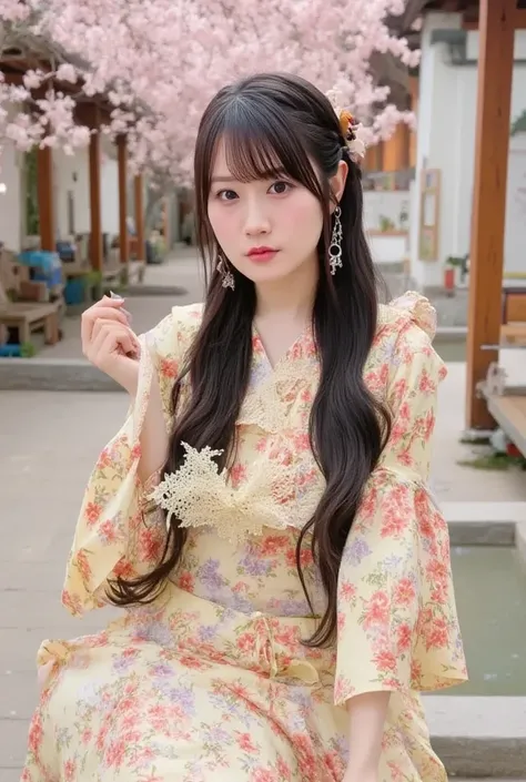 "A noble woman from the Sengoku period in Japan, wearing an elaborate kimono with vibrant colors and intricate patterns. She has long, dark hair styled in an elegant updo, adorned with decorative hairpins. The woman is standing in a traditional Japanese ga...