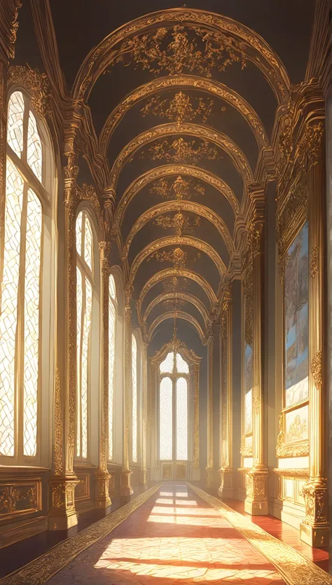 Inside of a castle, pretty, luxurious, gold, masterpiece, hallway with many details, big and spacious, big windows