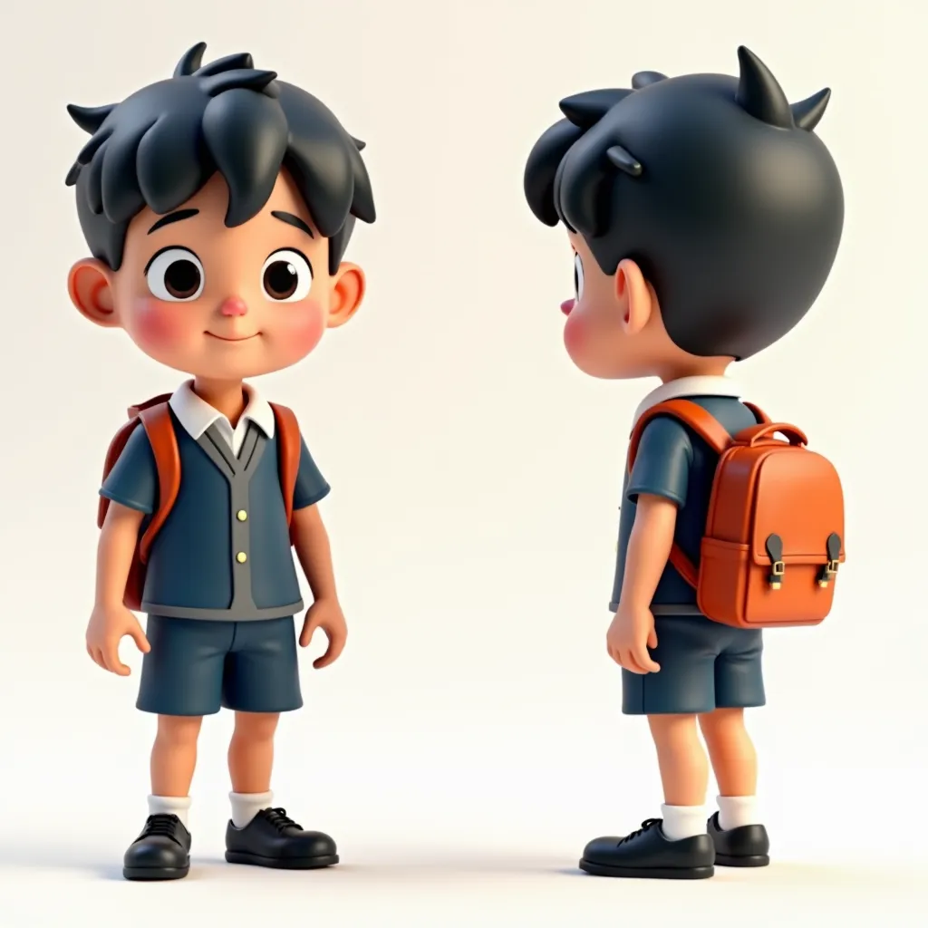 A cartoon-style 3D boy character toy in a school uniform, backpack, highly detailed, high quality, masterpiece, 3D render, full-body, symmetrical front, side, and back views, intricate details, Pixar-style, hard surface modeling, character turnaround views...