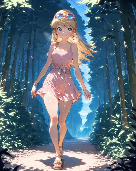 ((masterpiece, best quality)),solo,1girl, full body, leni loud, blonde hair, long hair, pink dress, earrings, eyewear on head, hoop earrings, forest, smile,  sandals, walking, (mj manga), (shiny, shiny skin), hot summer, sweaty, mini dress