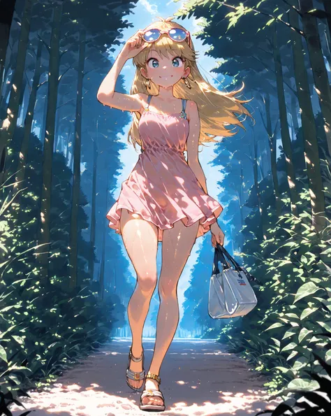 ((masterpiece, best quality)),solo,1girl, full body, leni loud, blonde hair, long hair, pink dress, earrings, eyewear on head, hoop earrings, forest, smile,  sandals, walking, (mj manga), (shiny, shiny skin), hot summer, sweaty, mini dress