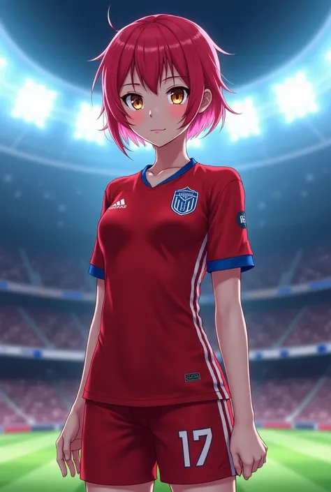 "4K anime style quality, digital drawing mode, an internationally renowned soccer star with short, elegant crimson hair, striking golden eyes, and a refined athletic build, wearing Blue Lock’s rival team uniform with bold feminine elements, standing under ...