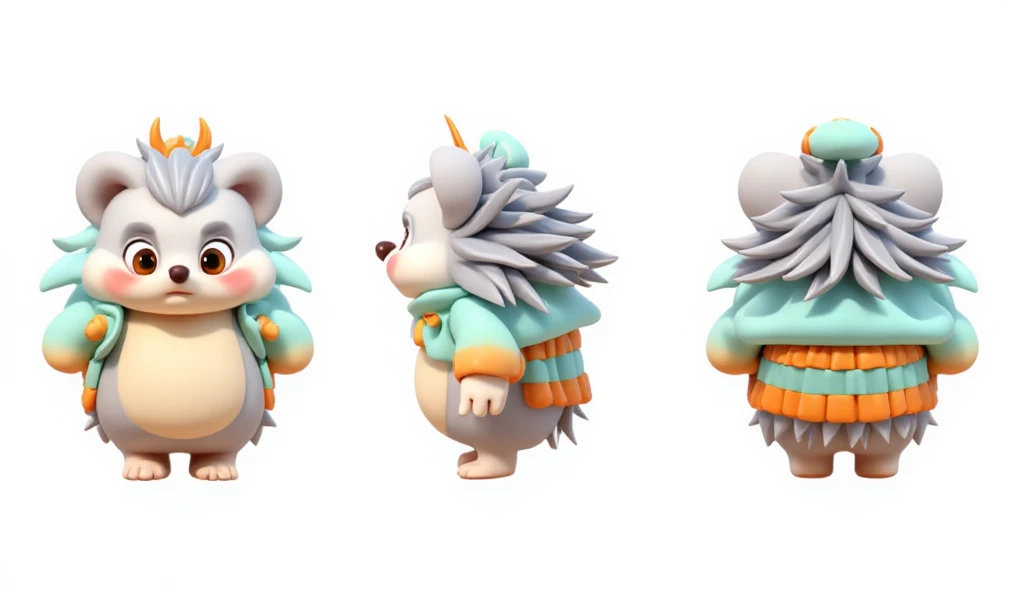 SST, ip design, is presented from three perspectives: front, back and side. The background is pure white. A mischievous cartoon hedgehog with spines that shimmer in a metallic silver, eyes gleaming like topaz, and a belly that's a creamy beige. The hedgeho...