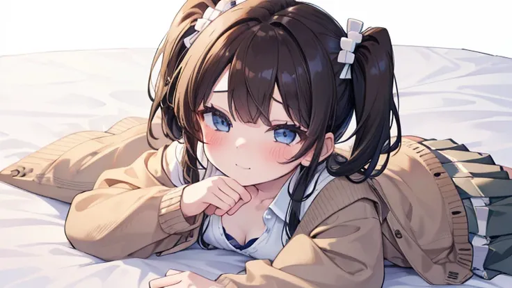  white background、(8k、   Highest Quality、   top quality 、  Masterpiece), Awkward,   SHY、  one girl、      black hair、   twin tails on legs、   light blue eyes、 、(( green))、   Tiny Breasts 、((   white shirt  ))、((   brown cardigan))、((   Checked pleated skirt...