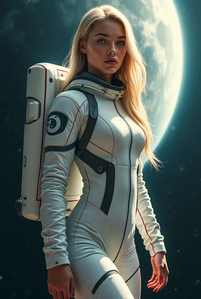 Very pretty blonde astronaut girl with long red nails