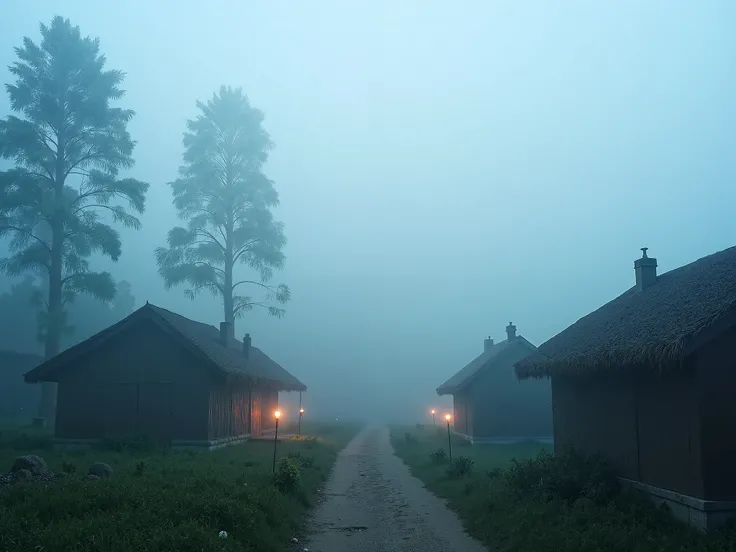 A serene village covered in dense morning fog. Small traditional houses with thatched roofs are barely visible through the mist. Tall trees stand in the background, their silhouettes fading into the fog. A narrow dirt path winds through the village, with a...