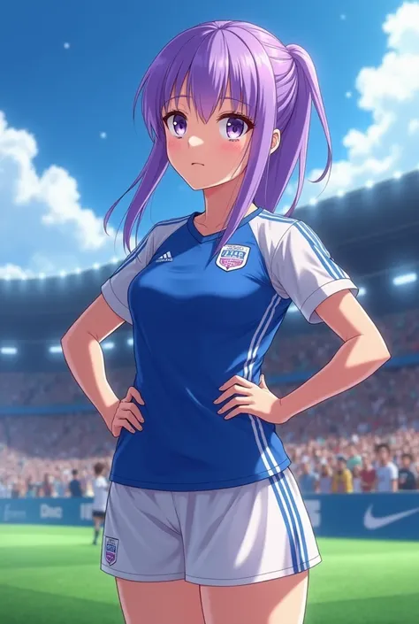 "4K anime style quality, digital drawing mode, a confident and ambitious soccer player with sleek violet hair tied into a side ponytail, bright lavender eyes, and a graceful build, wearing Blue Lock’s uniform adorned with elegant feminine touches, standing...