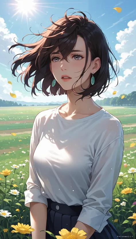 rape,  momose momo, capturing a field of dandelions at dusk, in soft tones of yellow and green, with a bokeh effect in the background that conveys the tenderness of the wind caressing the flowers; dark hair, grey eyes, warm and calm colour temperature, sof...