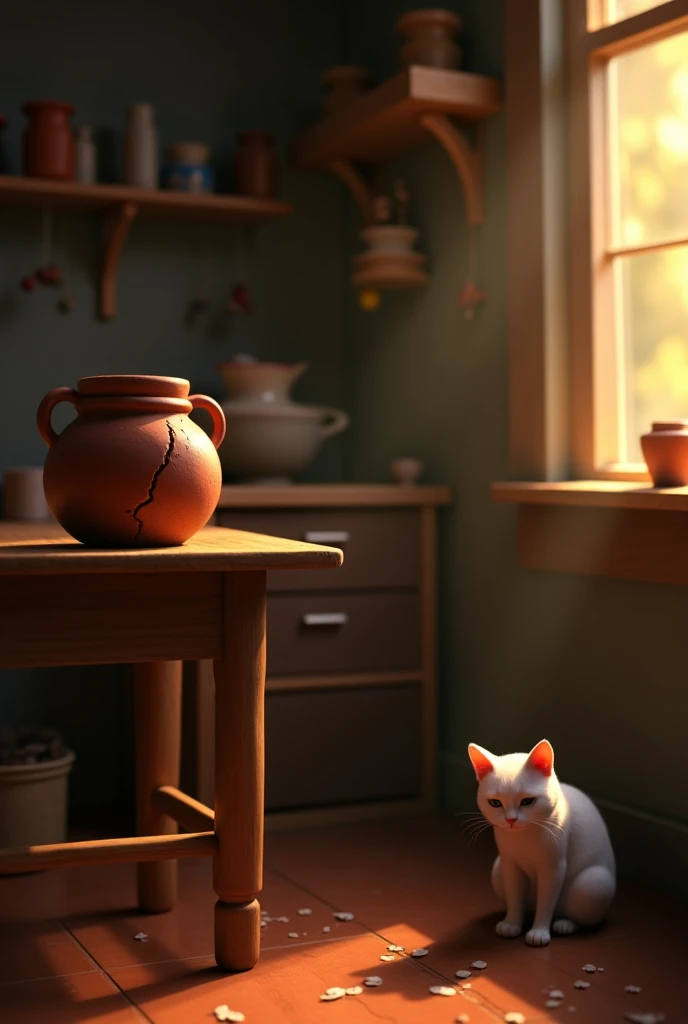 Prompt 4:
Create a Disney Pixar-style medium shot of a cracked clay pot sitting on a wooden shelf, looking down at the floor where water has pooled beneath it. The subject is placed on the left side of the frame, its handle slightly drooping as if conveyin...