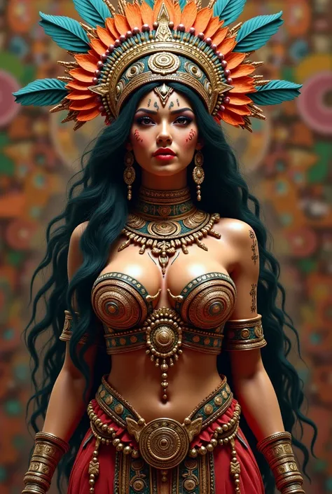 A very beautiful cihuacóatl the aztec goddess of war, perfect busty body, big breasts, in aztec goddess of war clothes , with makeup and accessories fit to them, background is in aztec