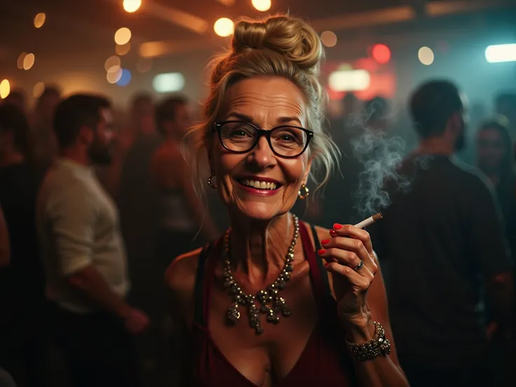 Cute smiling german  88 years old dancig sexy thin granny bun hair, glasses, perfect strong make up,  hold hot very smoking cigarette in hands, a lot of smoke in the air, with small extra shaggy tits fully covered by clolthes, perfect legs, high heels, com...