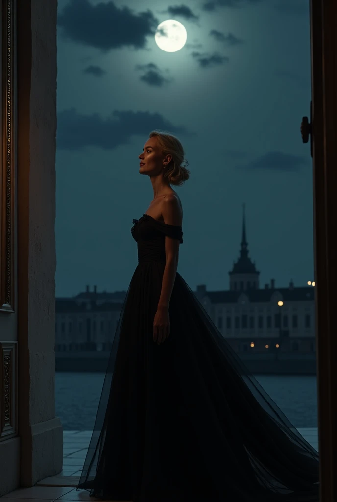 Queen of Sweden, Blonde, Scandinavian Woman, in a black dress, Looks out from her palace into the darkness of the night and cries but cries of happiness, cries tears of joy, looks into the distance and breathes deeply, 8K Ultra HD