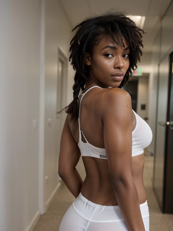 African black woman, very dark ebony skin, dreadlocks, Fitness musclular body, white crop top, to undress, white transparent pants, office corridor, close-up portrait, booty 