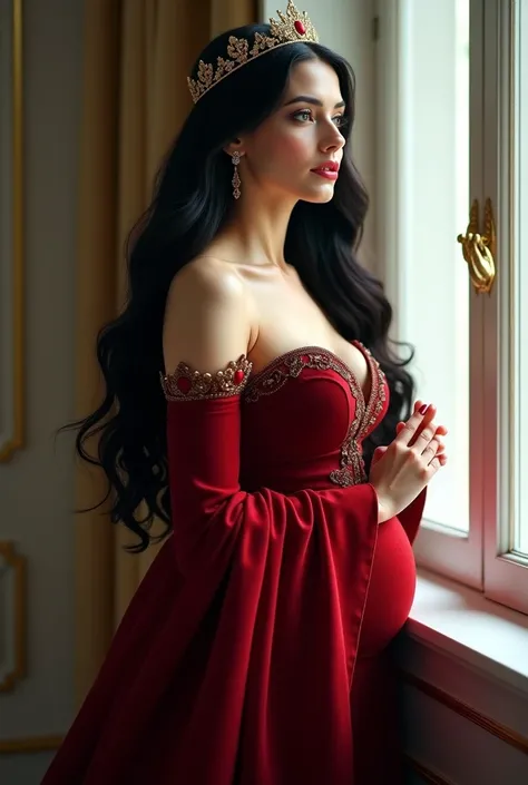 The Russian woman, with her satisfying and magnificent seductive looks, black hair, hazal eyes, white skin, dark red dress, princess position, looking out the window, beautiful iconic breasts and hips, elegant delicate pupils, reflection of her pure and na...