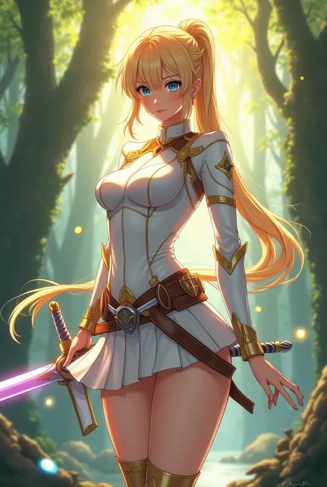 "4K anime style quality, digital drawing mode, a strong and graceful S-Rank hunter with long blonde hair tied into a low ponytail, radiant blue eyes, and an athletic figure, wearing her iconic white hunter uniform accented with gold trims, wielding a glowi...