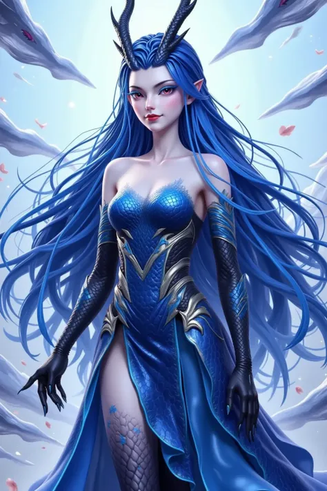 Anime Characters，Dragon Girl，blue hair and horns,  Yang Jie's digital art ,  ArtStation trend ,  fantastic art , ig model | Artistic Germ, extremely detailed Artistic Germ, trending Artistic Germ, style Artistic Germ, Artistic Germ lau, Artistic Germ style...