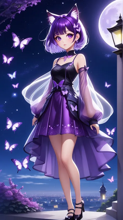 Full body illustration of virtual idol anime character. She has a human body, cat ears, and wears purple butterfly-themed accessories.

Short hair with front bangs
This hairstyle is a refreshing short haircut, about chin length, with straight front bangs, ...