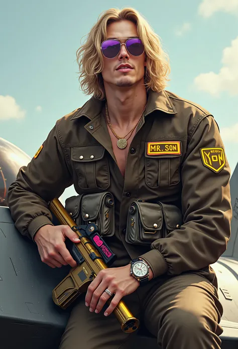 Super detailed, intricate, surreal full body portrait of a handsome, muscular, healthy white young man with smooth white skin, long wavy blond hair, big black eyes and beautiful, healthy white teeth, sitting on the wing of an F35 fighter jet equipped with ...