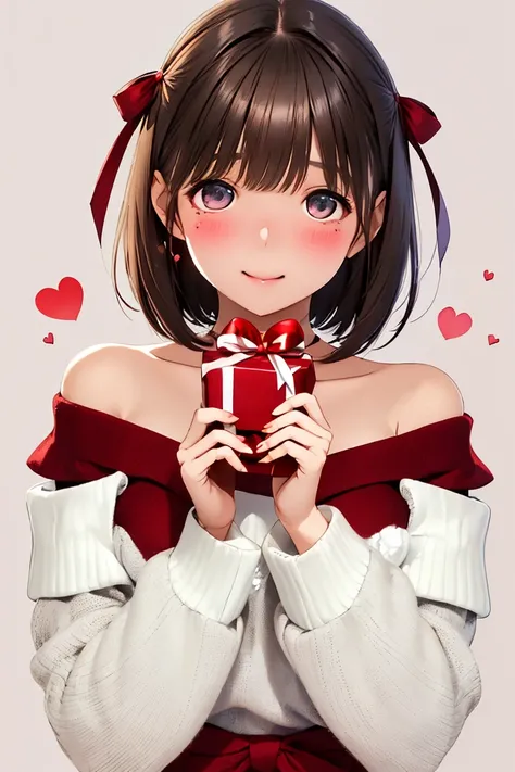  Minimalist flat color  、 Valentine's Day picture  、 A woman with short brown hair appeared decorating the background with a beautiful red ribbon、 excellent proportions、( off-shoulder knit)、 holding a gift box with chocolate hearts 、[  happy valentine  ]  ...