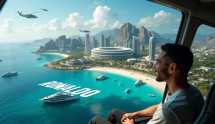 A stunning futuristic island featuring a massive football stadium at its center, surrounded by luxurious mansions and modern skyscrapers. The coastline is lined with enormous cruise ships sailing through the crystal-clear waters. In the sky, helicopters an...