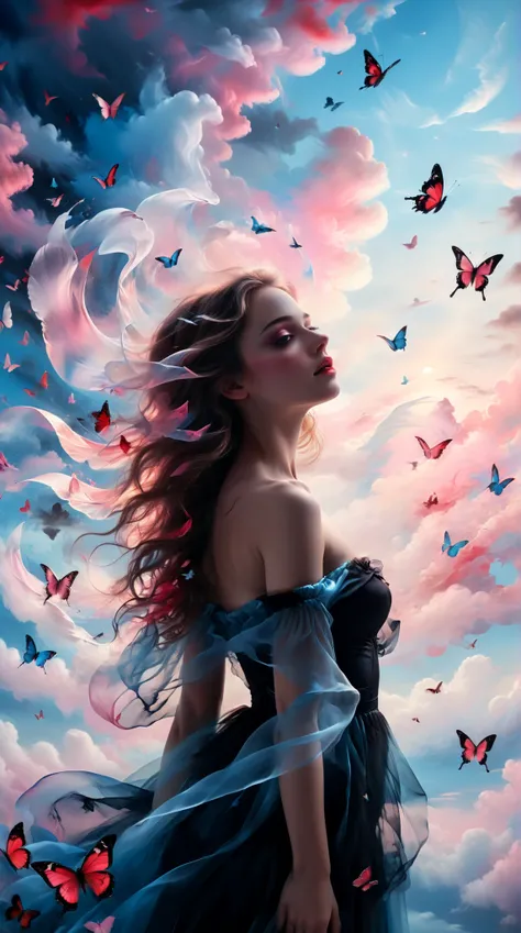 In the soft embrace of twilight, a graceful flying woman, close up, very romantic, utopia heaven  that seems to stretch into the colorful heavens.sureounded by surreal atmosphere , magical dreamy paradise, butterflies, Wisps of ethereal light pink and blue...