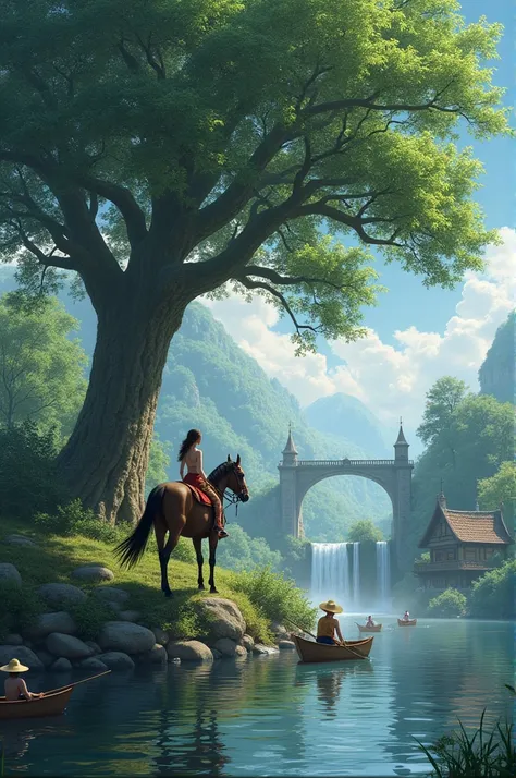 Woman riding a horse under a large tree on the edge of a lake with several rocks scattered with fishermen in straw hats fishing in canoes with a half-arched stone bridge with three waterfalls in the background, a two-story chalet with a chimney, clouds in ...