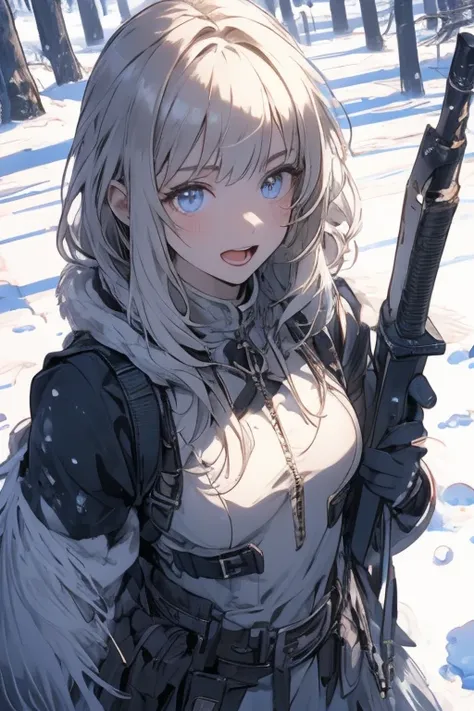 (best quality ), a girl have one rifle with her hand , Platinum color hair , The dreamer wants purplish blue eyes , medium , Lori will do it, (masterpiece:1.2, best quality ), (Beautiful detailed depiction : 1.2), ( beautiful detailed face ), ( small Breas...