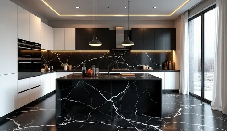 A beautifully designed, modest-sized kitchen featuring luxurious black marble or granite tiles. The countertops and backsplash are made of polished black stone with striking white veining, adding elegance and contrast. The flooring consists of large black ...