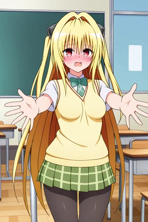  1 girl, one,   long hair,   open mouth ,  in school uniform, green skirt, yellow sleeveless sweater,  white slayer under the sweater, green butterfly tie, black stockings,  open eyes, mouth slightly open , very embarrassed face, disturbances,   Turns red ...