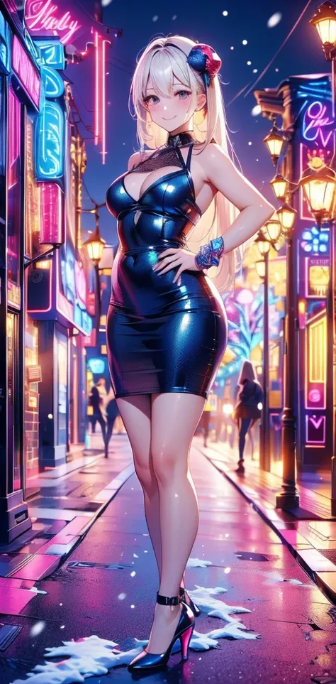 １ Beautiful Girls, valentine,♡,Snowfall, NEON STREET ,Night city, Hi-Res,  Masterpiece,  Anatomically Correct ,  high quality model,  high detail,  very detailed,  super high heels,  textured skin,  blushes,  smiles,  happy/joy,  gradation colored eyes ,wh...