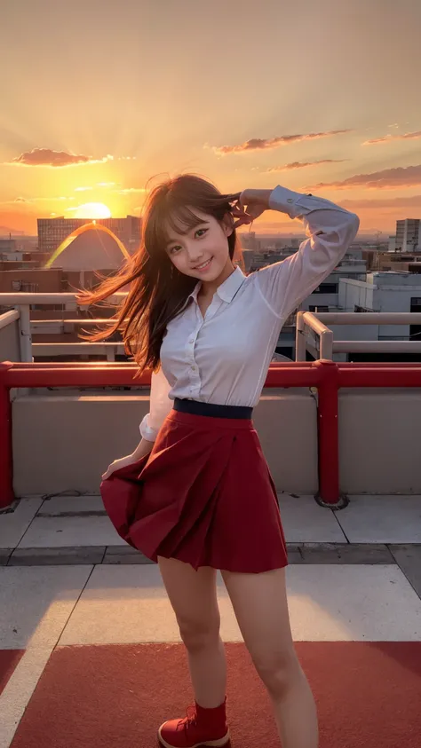  Masterpiece,   top quality  ,1 person,1,   cowboy shooting,   FRONT MAP  ,Young and cute Japan,(  Well-balanced  :1.3),  小さなsmile  ,Lunch Break,(rooftop),((Bright Red Sunset:1.5)) ,(In the Wind :1.5),(   type   :1.5),(  skirt flipping :1.5),******  girl &...