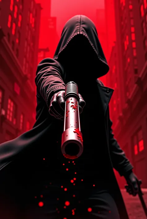 Text "Shadow" bloody Gun, action scene, red and black theme, character from Eminence in shadow, text " Shadow" in background 