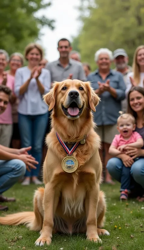 A joyful town gathering in a park, with Max sitting proudly in the center wearing a medal around his neck. People are clapping and smiling, ren are petting him, and the rescued baby sits in her mother’s lap, laughing. The golden retriever wags his tail, ha...