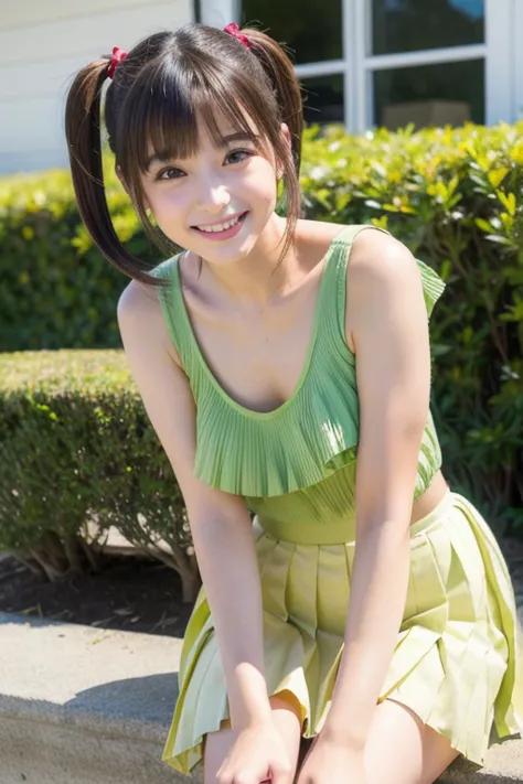 ((( top quality)))　(('s greatest masterpiece))　live-action　(((Realistic beautiful girl)))　 Japanese girl　((( cute face)))　((Baby Face))　 looks like a top idol　(( tank top))　((( Pleated Miniskirt)))　(smile)　(( short twin tails))　 bangs