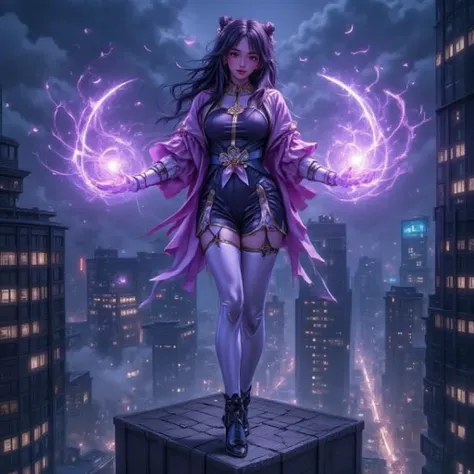 - Main Character, Beautiful "Middle Eastern" Woman, Long Curly Black Hair, Wearing Glasses.

- Wearing a costume ("Full Sexy Armor").
Chest and Thigh Armor slightly open.
Wearing a long Lavender colored jacket.
High-tech futuristic costume design.

- Sexy ...