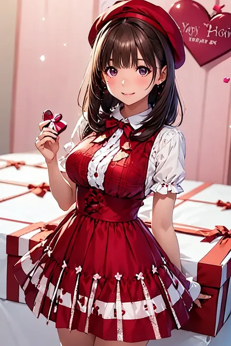 Nene Kasaki々, Shortcut,Glittering Brown Hair , detailed brown eyes , excellent proportions,   pink and brown checkered dress  , beret,   contains a box of chocolates for Valentine's Day,   neon colored hearts on the background  ,  ribbon similar to a gift ...