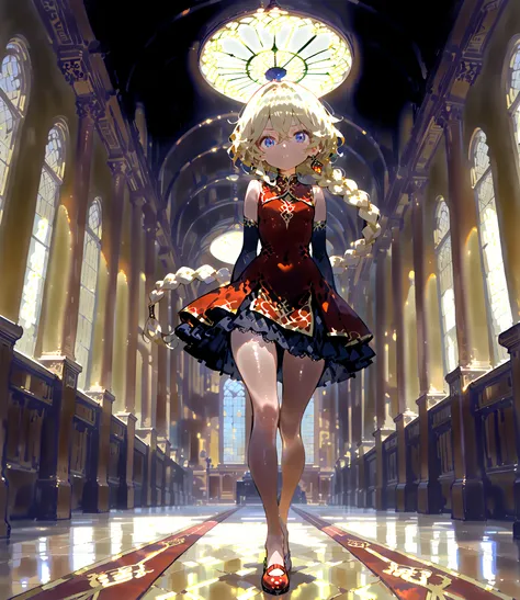 (carolcasual, 1girl, blonde hair, braid, mole, blue eyes, shiny hair, braided ponytail red dress, elbow gloves, sleeveless,), (tiny drees), (shiny, shiny skin), walking towards viewer, frown, (A grand royal hallway adorned with opulent gold and crimson dec...