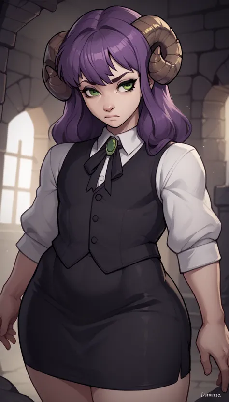 score_9,score_8_ upwards,score_7_ upwards,score_6_ upwards,score_5_ upwards,score_4_ top rated _ questionable , wool,Guy , sheep horns ,  1femboy, green eyes,  long hair,  purple hair , black vest,  white shirt, black skirt,  stone room, ritual , Stand in ...