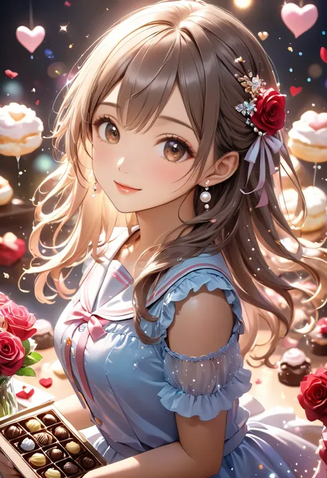 Dreamy anime-style illustration of a 20 year old beautiful woman.  for her semi-long hairstyle and 、 have fluffy natural curls 。 The bangs flow diagonally 、 create an overall soft atmosphere 。 The hair color is shiny brown 、 add natural gradation and highl...