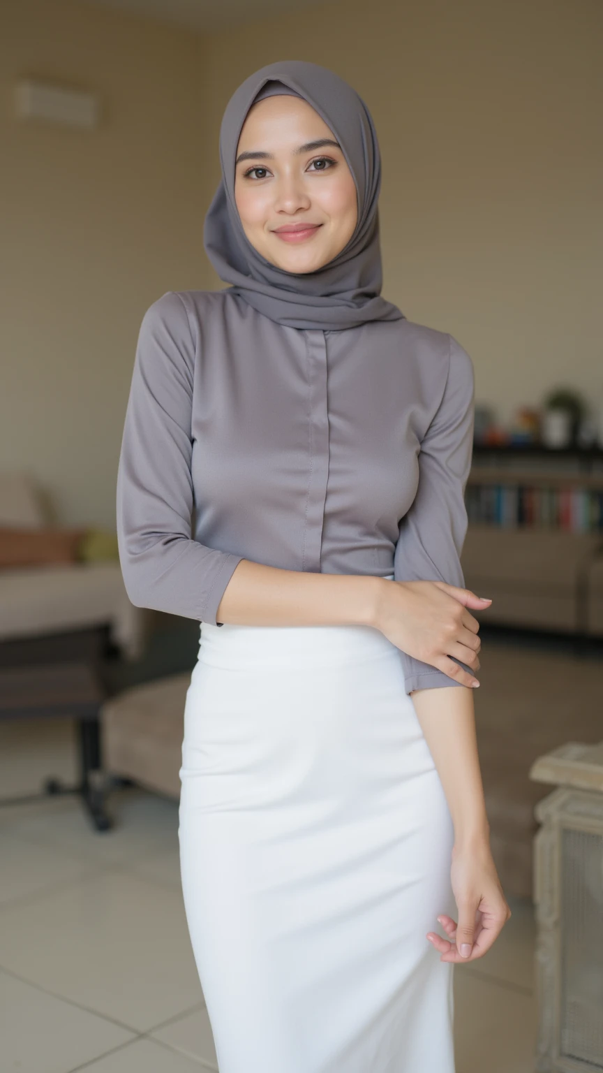 1 female, malay ethnic, in a tight grey blouse and white long skirt hugging her curvy waist, wearing a hijab, hijabi, perfect body. Cute smile. Perfect hourglass body. Very cute face, arm boob squeeze. Slim girl with a curvy waist. In her living room. Her ...