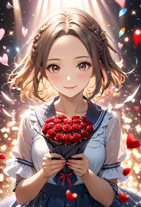 Dreamy anime-style illustration of a 20 year old beautiful woman. hairstyle is a short bob 、7:3 parted hairstyle.(((Forehead:1.3))),It features natural slate with lightly flowing bristles。 the hair color is bright brown 、 Please add natural highlights and ...