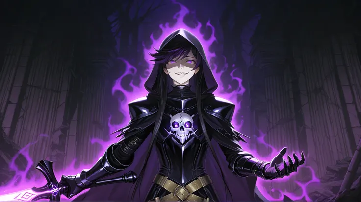 Character Focus: (Solo 1boy)
A hauntingly necromancer with purple eyes (detailed eyes, star/symbol-shaped pupils), pale skin, and a manic grin. Long black hair (side-swept bangs, disheveled, shaded face), cascades over a black hooded mourner’s robe adorned...