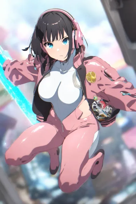 great quality,    top quality ，Hayashi Miwako   ， Her breasts are super soft ，    blue eyes，   black hair，   headphones   ，  alone,    Japanese woman wearing a white t-shirt taking a full body photo   　,Akihabara of the Near Future ，  sci-fi ，   Cyberpunk，...