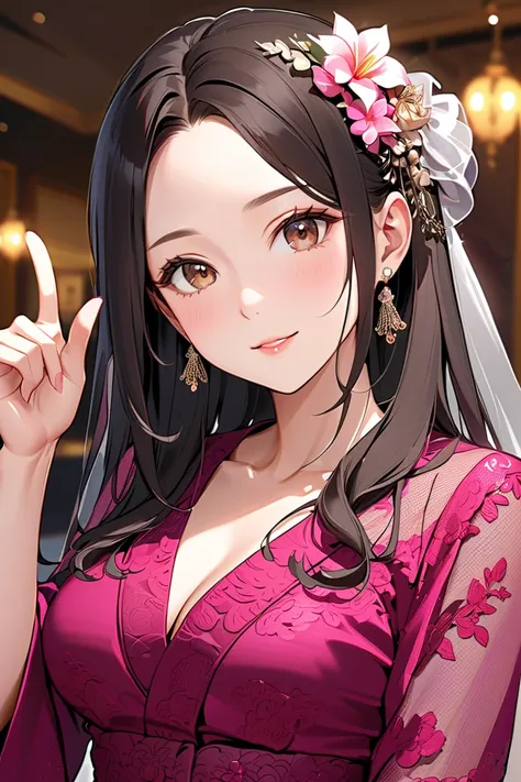   best quality , super detail, 8k
1 girl,  Black long hair , brown eyes,  mature women, forehead, Kebaya long collarbone, wedding event, Finger peace sign