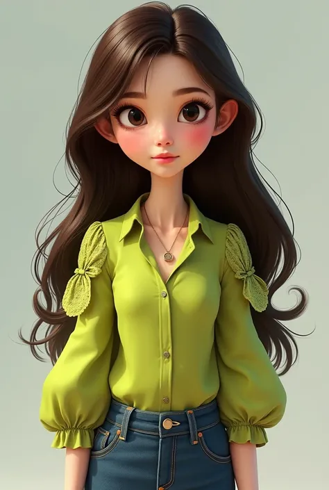  A 15-year-old girl with white skin color long straight hair dark brown, 
 black eyes, Your clothes are jeans and a Disney effect executive lime green sleeve blouse  