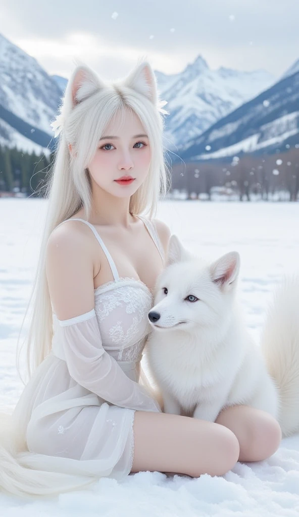  The image features a woman with long white hair ,  styled with translucent fox ears ,  wearing a thin slit white dress that reveals the lines  ,  decorated with lace and a snowflake pattern  .  She is sitting next to a  white fox with soft fur fox with ni...