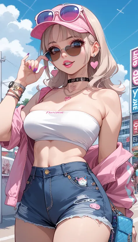 ((Busty Bitches)), score_9, score_8_up, score_7_up, source_anime, highly detailed, 1girl, ultra cute, ultra sexy, ultra curvy, ultra bouncy, ultra feminine, large breasts, ecchi, cutesy , ((sluts redefined, tube top, sunglasses, whore, gaudy)), best qualit...