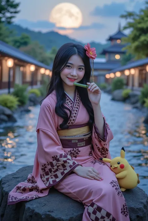 A (((a beautiful, cute, and captivating Japanese woman sitting on a rock beside a luminous river under a glowing moon, with a majestic castle of light in the background. She is dressed in a traditional pink and dark brown kimono-style outfit inspired by Ne...